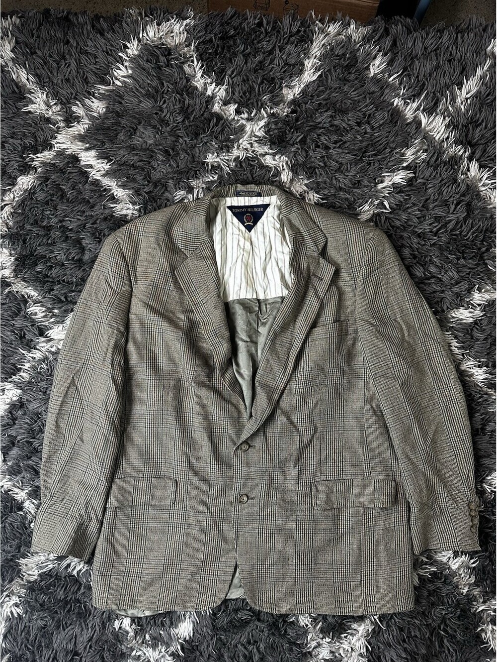 Vintage 90s Tommy Hilfiger Crest Blazer Jacket Made in USA Glen Plaid Brown